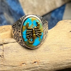 2133-PTT  925 Silver Color Metal Plated Skull & Scorpion Turquoise Color Bikers